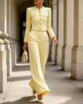 Notched Mandarin Collar Cropped Jacket and Wide-Leg Pants Set
