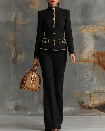 Mandarin Color Close Women's Mandarin Collar Tweed Jacket and Flared Pants Set – COOFANDY