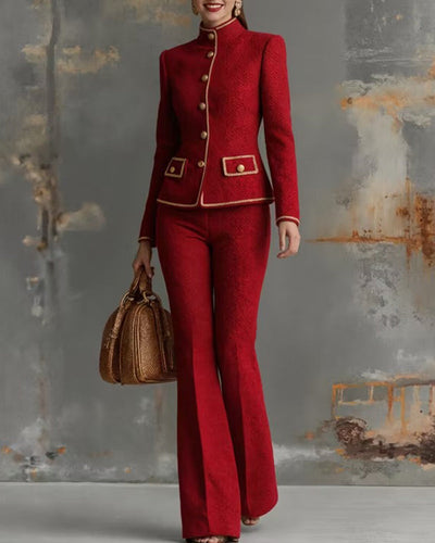 Mandarin Color Close Women's Mandarin Collar Tweed Jacket and Flared Pants Set – COOFANDY