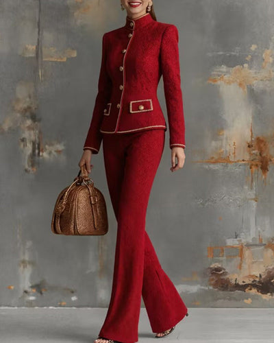 Mandarin Color Close Women's Mandarin Collar Tweed Jacket and Flared Pants Set – COOFANDY