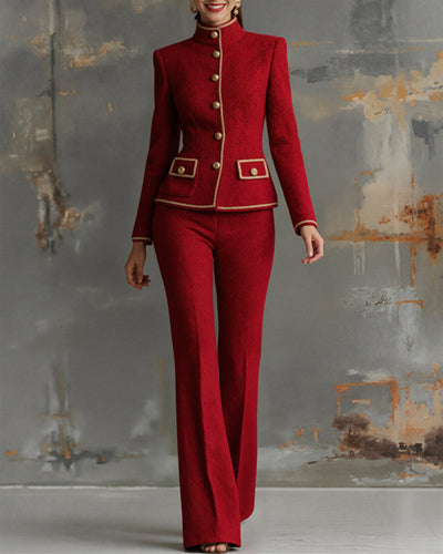 Mandarin Color Close Women's Mandarin Collar Tweed Jacket and Flared Pants Set – COOFANDY