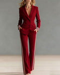 Striped Trim Double-Breasted Blazer and Flared Pants Set