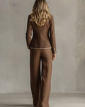 Contrast Piping Linen-Look Blazer and Wide-Leg Pants Set