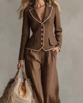 Contrast Piping Linen-Look Blazer and Wide-Leg Pants Set