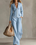 Contrast Piping Linen-Look Blazer and Wide-Leg Pants Set