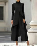 Asymmetric Mock Neck Tunic Coat and Wide-Leg Pants Set