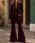 Military Velvet Double Breasted Bell Bottom Pants Set