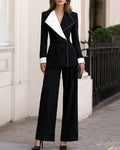 Colorblock Shawl Lapel Wrap Blazer Pants Set