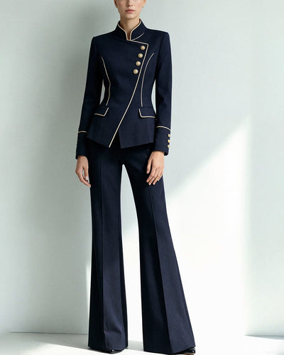 Women's Piped Stand Collar Asymmetric Blazer Pants Set – COOFANDY