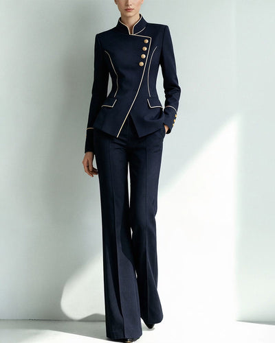 Women's Piped Stand Collar Asymmetric Blazer Pants Set – COOFANDY