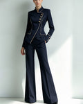 Piped Stand Collar Asymmetric Blazer Pants Set