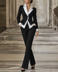 Peplum Contrast Lapel Blazer Pants Set