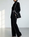 Contrast Piping Single Button Blazer And Wide Leg Pants Set