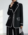 Contrast Piping Single Button Blazer And Wide Leg Pants Set