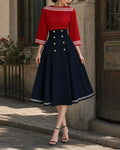 Vintage Nautical Striped Top and Buttoned A-Line Midi Skirt Set