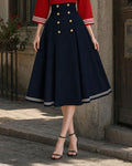 Vintage Nautical Striped Top and Buttoned A-Line Midi Skirt Set