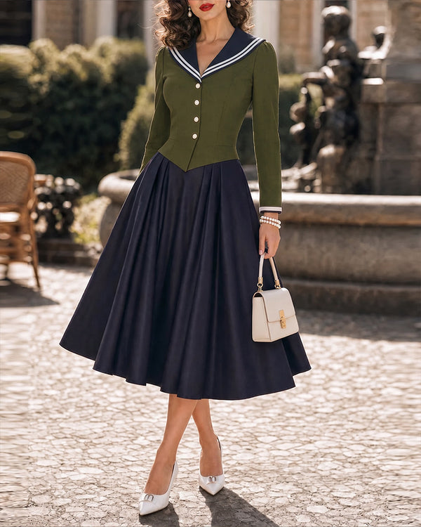 Retro Sailor Collar Colorblock Faux Two-Piece Swing Midi Dress