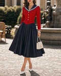 Retro Sailor Collar Colorblock Faux Two-Piece Swing Midi Dress