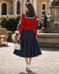 Retro Sailor Collar Colorblock Faux Two-Piece Swing Midi Dress