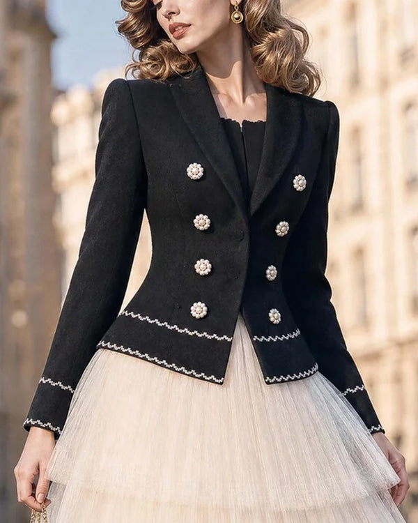 Vintage Double-Breasted Pearl Button Cinched Peplum Blazer