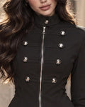 Military Style Stand Collar Zip-Up Peplum Fitted Jacket