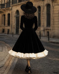 Vintage Contrast Lapel Velvet Patchwork Swing Midi Dress