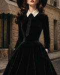 Vintage Contrast Lapel Velvet Patchwork Swing Midi Dress