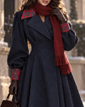 Vintage Tartan Plaid Trim Pleated Swing Trench Coat