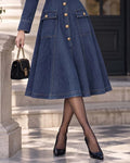 Vintage Asymmetric Sweetheart Stand Collar Denim-Style Midi Swing Dress