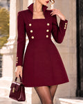 Square Neck Stand Collar Double-Breasted A-Line Blazer Mini Dress
