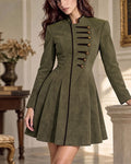 Military-Inspired Contrast Trim Suede A-Line Mini Dress