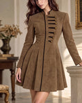 Military-Inspired Contrast Trim Suede A-Line Mini Dress