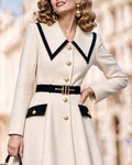 Vintage Contrast Trim Lapel Button-Down A-Line Swing Coat Dress
