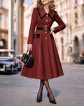 Vintage Contrast Trim Lapel Button-Down A-Line Swing Coat Dress