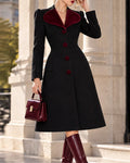 Contrast Velvet Lapel Single-Breasted A-Line Midi Coat Dress