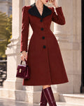 Contrast Velvet Lapel Single-Breasted A-Line Midi Coat Dress