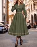 Vintage Lace-Trim Button Front A-Line Swing Midi Dress