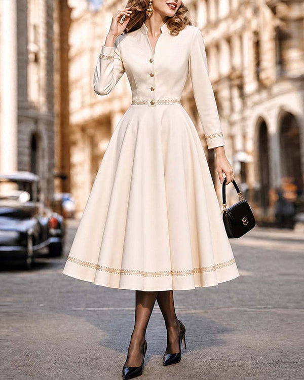 Vintage Lace-Trim Button Front A-Line Swing Midi Dress