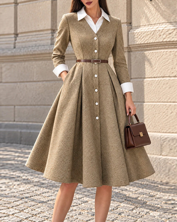 Vintage V-Neck Princess Seam Flared Swing Coat Dress