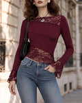 Lace-Trim Long Sleeve Slim Fit Pullover Top