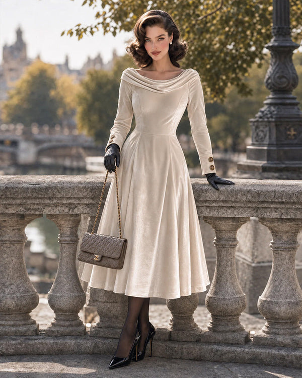 Velvet Scoop Neck Fit-and-Flare Midi Dress