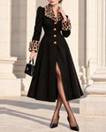 Leopard Trim Fit-and-Flare Midi Swing Coat