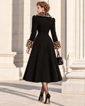 Leopard Trim Fit-and-Flare Midi Swing Coat