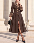 Leopard Trim Fit-and-Flare Midi Swing Coat