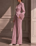 Elegant Feather Cuffs Blazer and Suit Pants Set