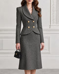 Timeless Herringbone Shawl Lapel Blazer Skirt Set