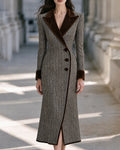 Elegant Herringbone Velvet Trim Long Coat