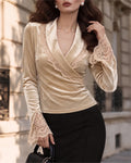 Elegant Lace Patchwork Velvet Wrap Tops