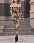 Faux Fur Leopard Print Off-the-Shoulder Bodycon Dresses
