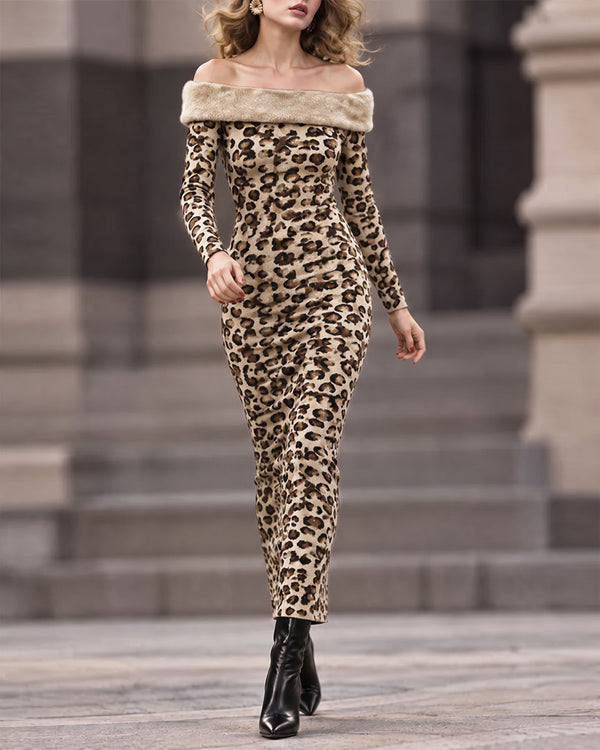 Faux Fur Leopard Print Off-the-Shoulder Bodycon Dresses